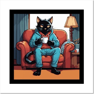 Black Cat Enjoying a Mug of Hot Chocolate Posters and Art